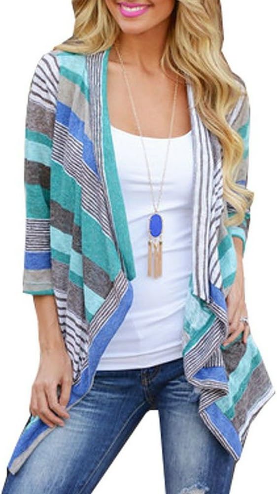 Myobe Women's Fashion Geometric Print Drape Front Cable Knit Cardigan, Blue, Large