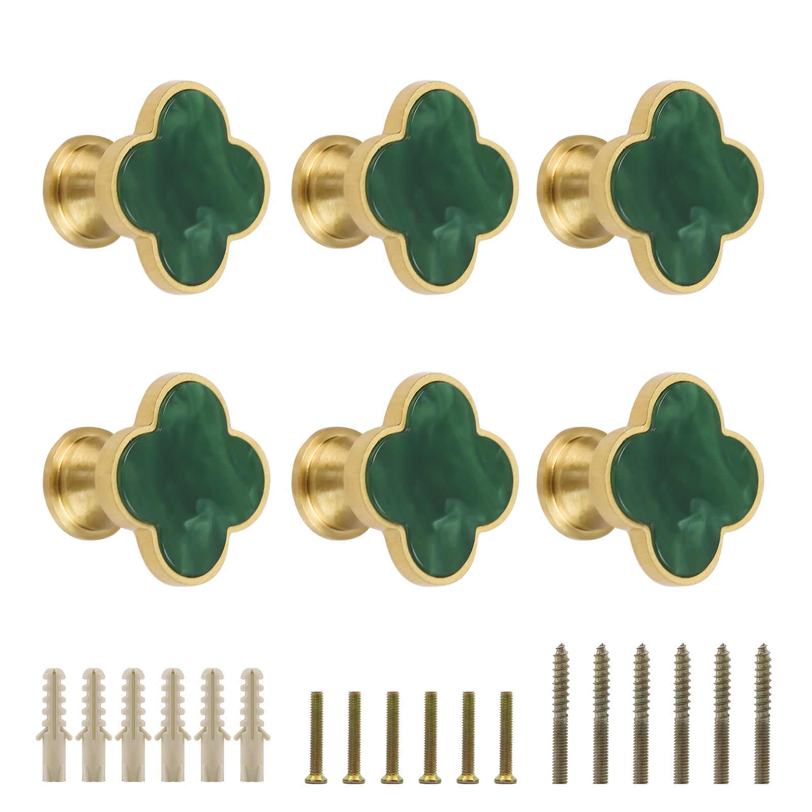 EVERGD 6/9pcs 28mm Four-Leaf Brass Gold Clover Knobs Cabinet Door Knobs Drawer Pulls with Screws, Handle Brushed Brass Dresser Drawer Pulls Handles Coat Hook Single Hole (Dark Green, 6)