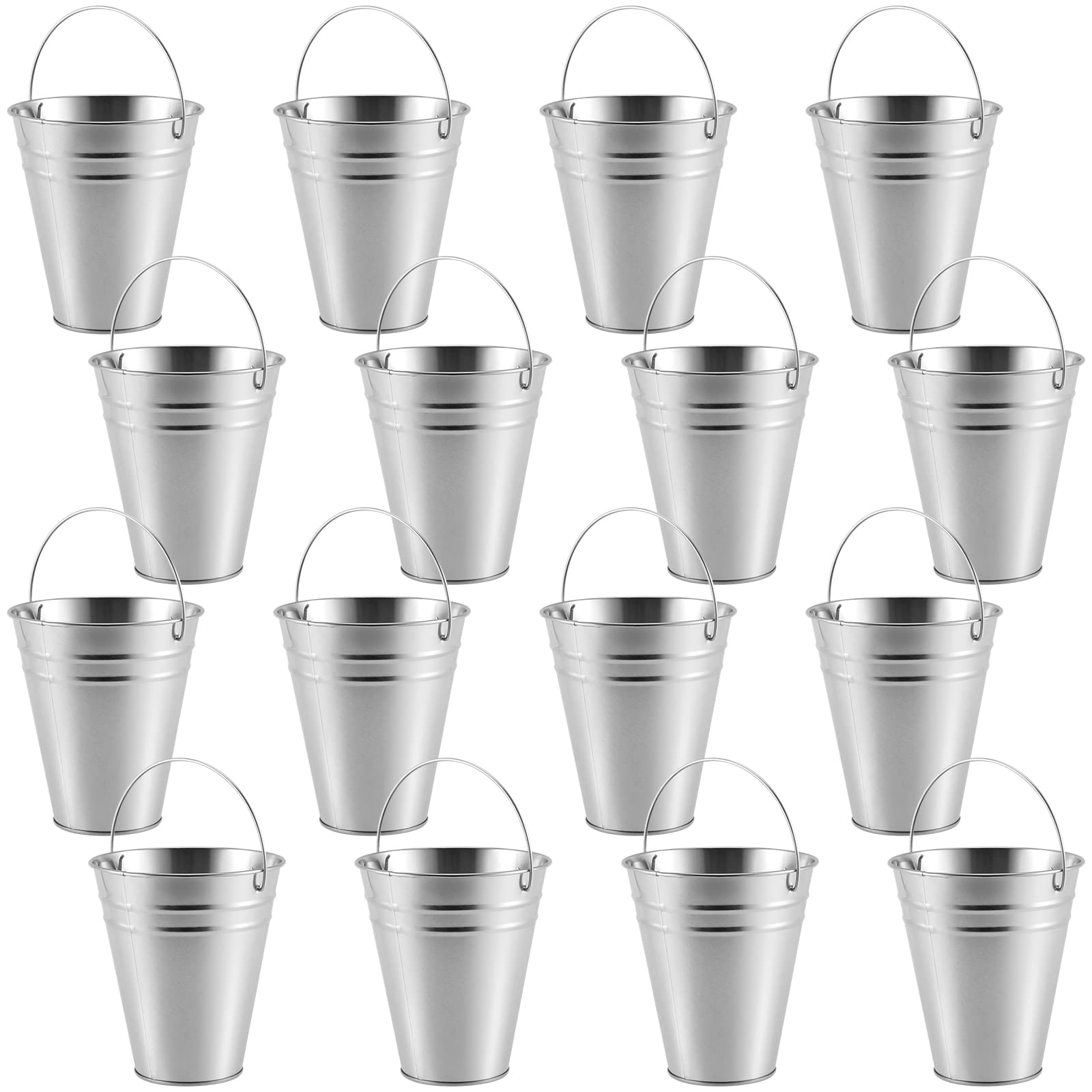 MUKLEI 16 Pack 4.5 Inch Galvanized Small Metal Buckets, Mini Tin Buckets with Handle, Round Pails for Plants, Candy, Flower, Party Favors, Snack