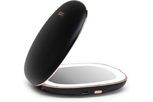 Fancii Compact Makeup Mirror with Natural LED Lights, 1x/ 10x Magnifying - Rechargeable, Portable, Lighted 4” Hand Mirror for Travel and Purses, Mila (Black)