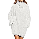 Pink Queen Women's Oversized Turtleneck Sweater Dress 2025 Casual Loose Long Sleeve Fall Winter Knit Mini Dress with Pockets