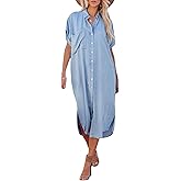 loveimgs Women Casual Button Down Faux Denim Midi Shirt Dress Side Slit Short Sleeve Jean Dress with Pocket