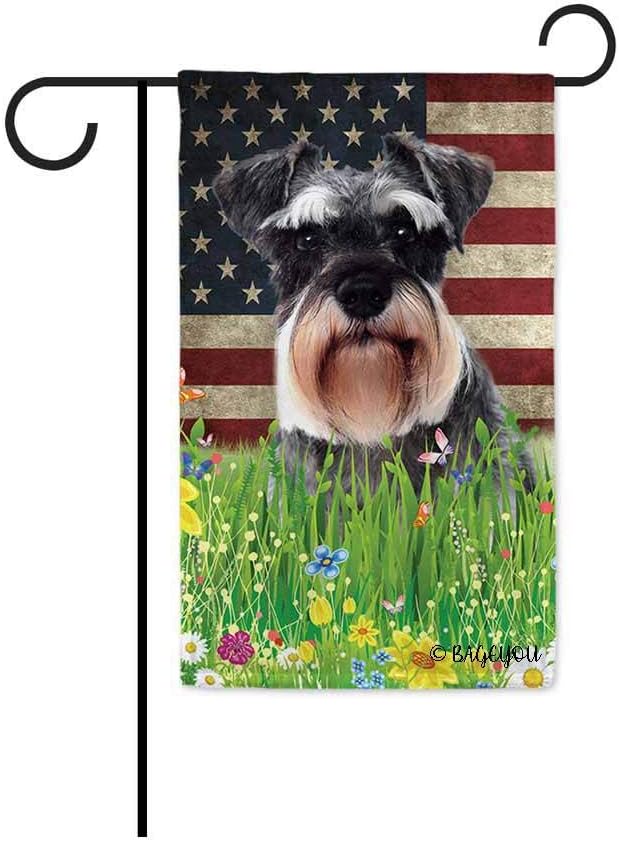 BAGEYOU Cute Puppy Schnauzer Garden Flag Lovely Pet Dog American US Flag Wildflowers Floral Grass Spring Summer Seasonal Decorative Patriotic Banner for Outside 12.5x18 inch Printed Double Sided