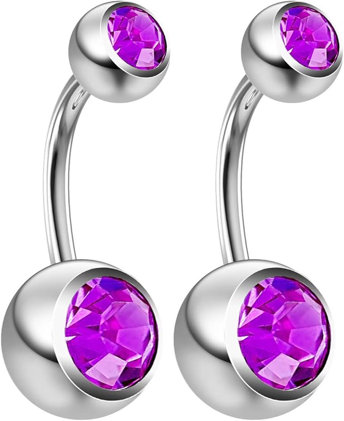 Bling Piercing 2pc 14g Crystal Belly Button Ring CZ Amethyst Gem