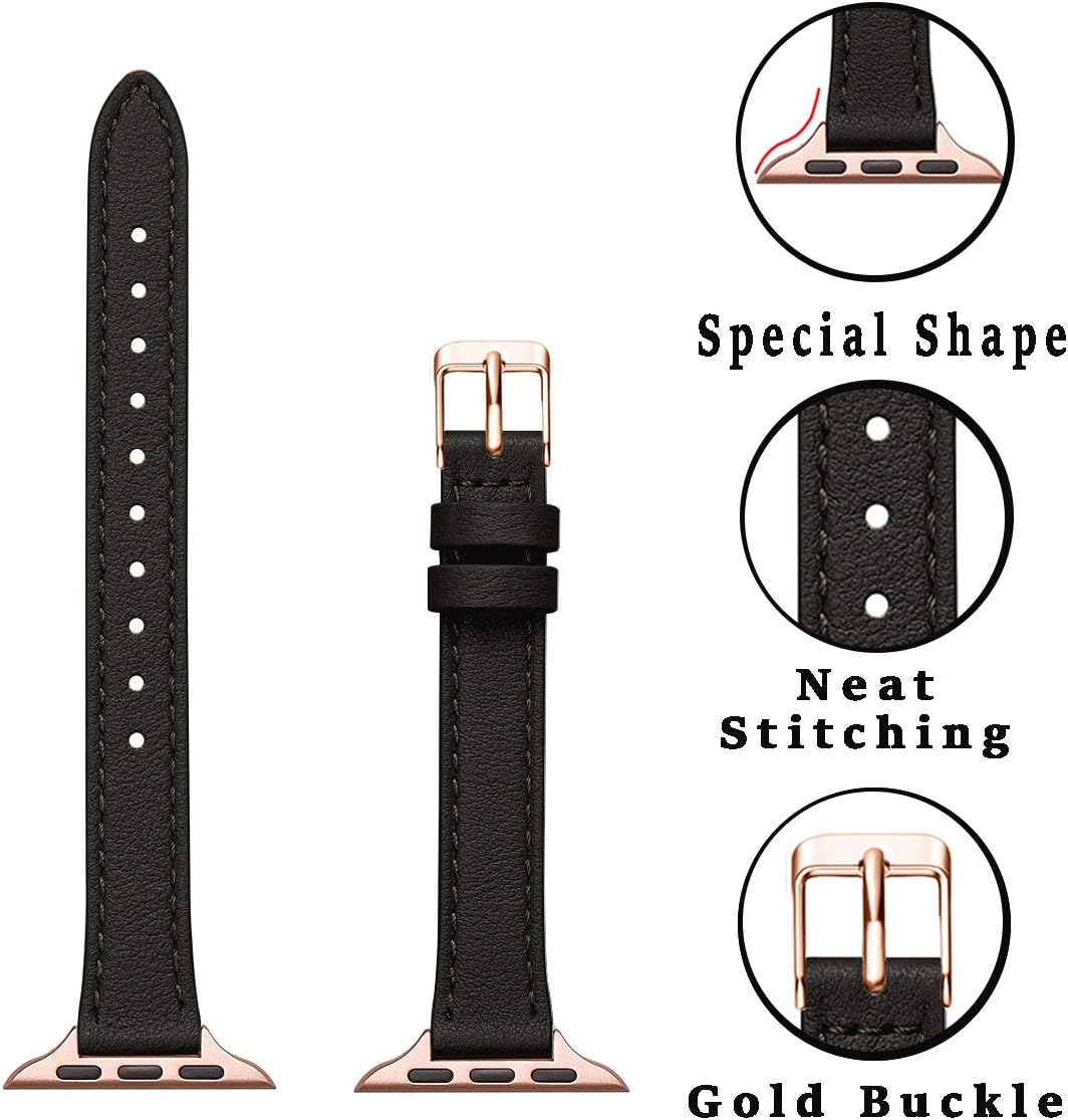 SUNFWR Compatible with Apple Watch Strap 38mm 40mm 41mm,Genuine Leather Strap Replacement,Slim&Thin Wristband for iwatch Series 7/6/5/4/3/2/1,SE(38mm 40mm 41mm,Black&Rosegold) - Image 3