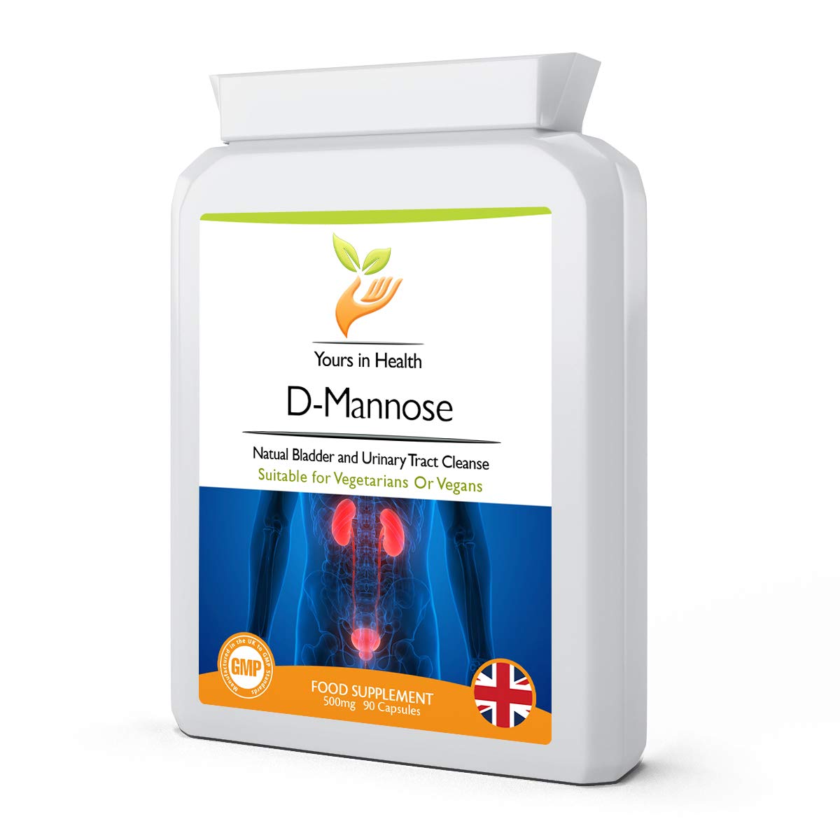D-Mannose 500mg 90 Capsules - Potent daily supplement with 500mg D-Mannose per capsule - Prevent Unitary Tract Infection (UTI) and supports bladder pain relief - For men and women - Suitable for vegan