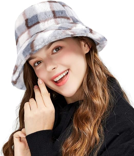 DOCILA Patchwork Plaid Fluffy Bucket Hats for Young Women Winter Warm College Style Fisherman