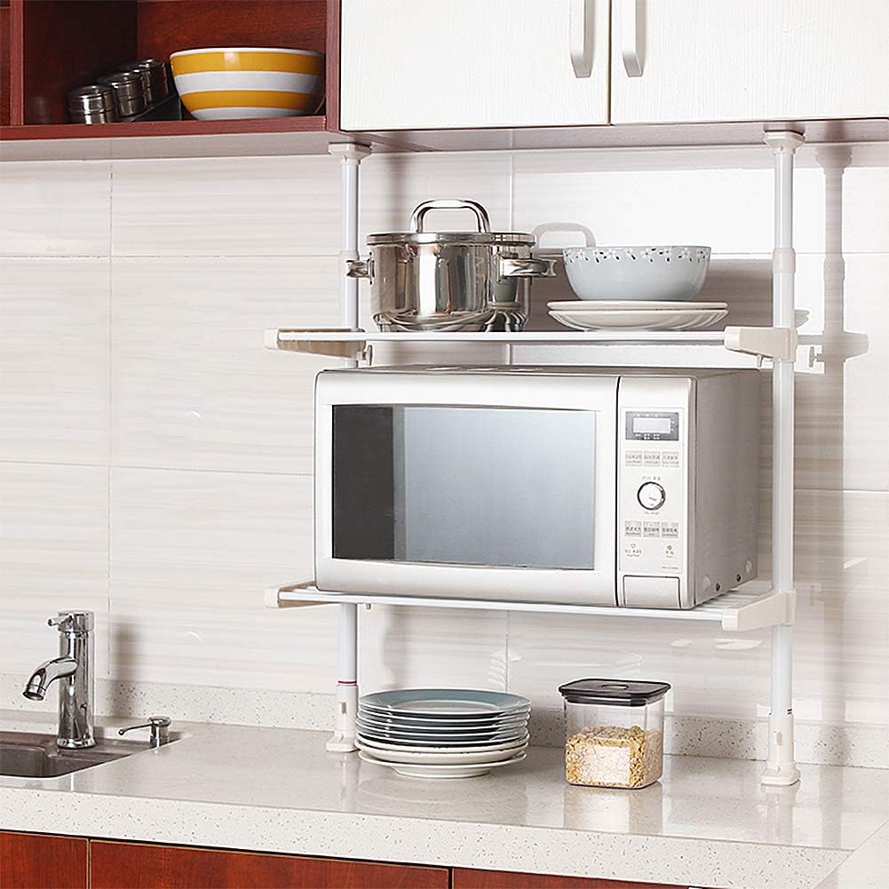 Hivexagon Kitchen Counter Storage 2-Tiers Telescopic Microwave Oven Rack Shelf Space Saving for Dish Pot Seasoning Stand HG417