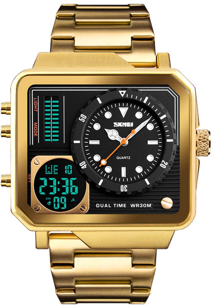 Gosasa Men's Square Large Face Stainless Steel Digital Sports Watch, LED Analog Quartz Wrist Watch with Multi-Time Zone Waterproof Stopwatch, Gold, Digital