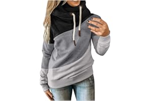WUAI-Women Plus Size Cowl Neck Color Block Striped Tunic Sweatshirt Drawstring Loose Hoodie Pullover Casual Tops