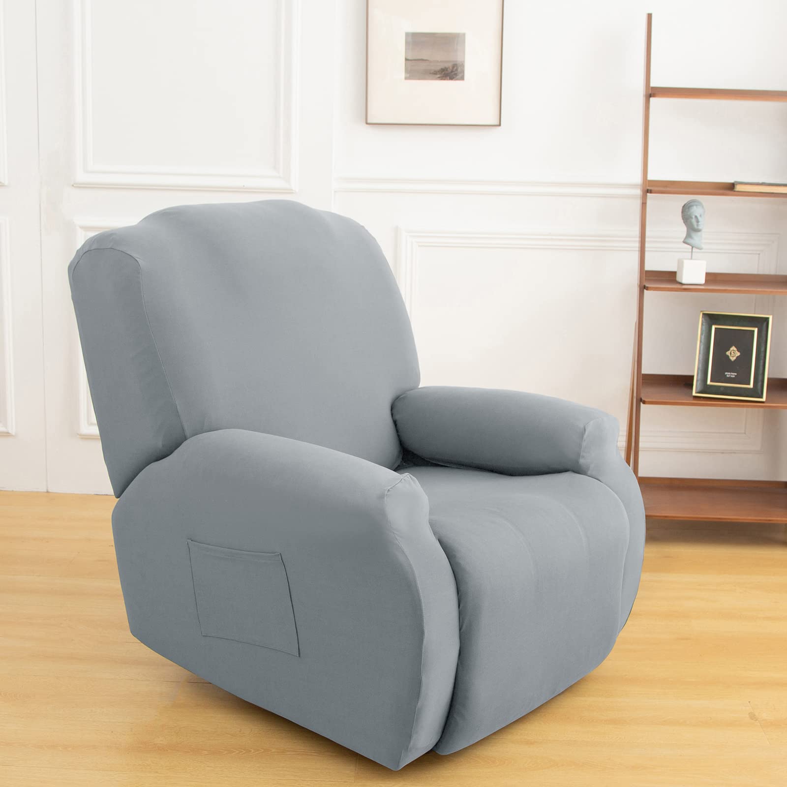 Stretch Recliner Chair Cover,4-Pieces Sofa Cover Slipcover Couch Covers,Armchair Cover Non-Slip Furniture Protector,Elastic Spandex Soft Recliner Chair Protector with Side Pocket(1 Seater Light Gray)