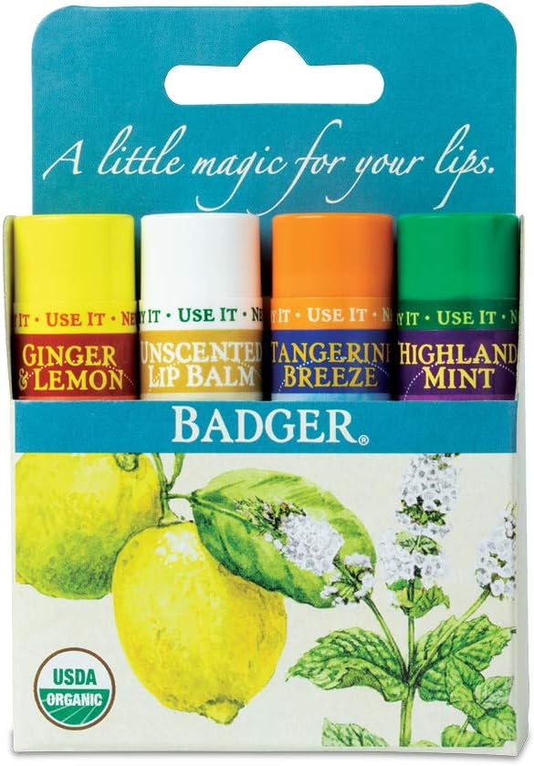 Badger Organic Lip Balm Sticks - Set of 4, Gold Box, 4 count (Pack of 1)