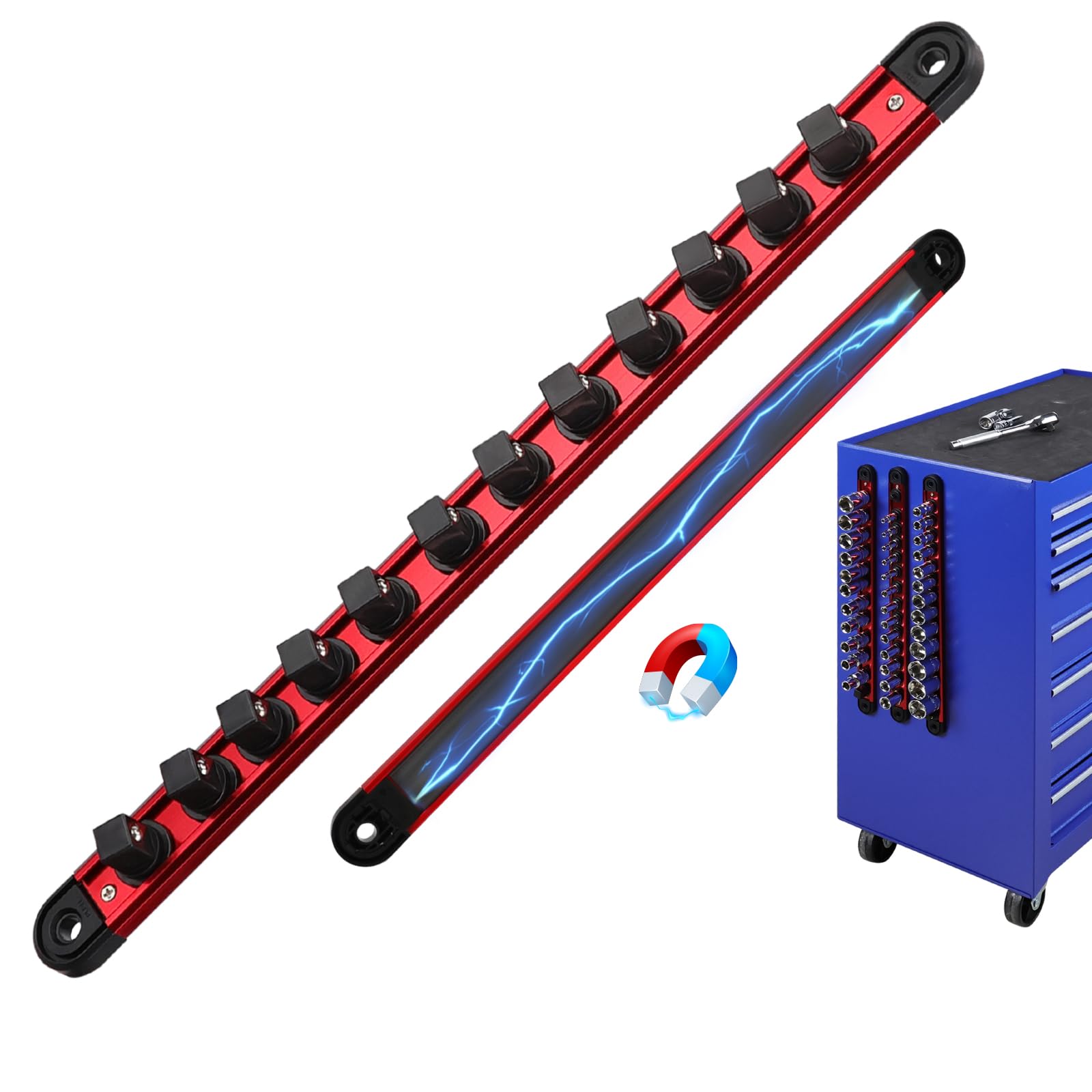 Photo 1 of 1/2-Inch Magnetic Socket Organizer Rail, Aluminum Alloy Socket Rail, Heavy Duty Sockets Holder with 12 Clips, 360° Swivel Clip Tool Tray, Sockets Organizer for Tool Box Drawer (Red)