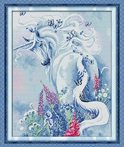 Cross Stitch Embroidery Starter Kit Including 14 Count 19"x23" Classic Reserve Aida Colored Threads and Tools Unicorn Garden (No Frame)