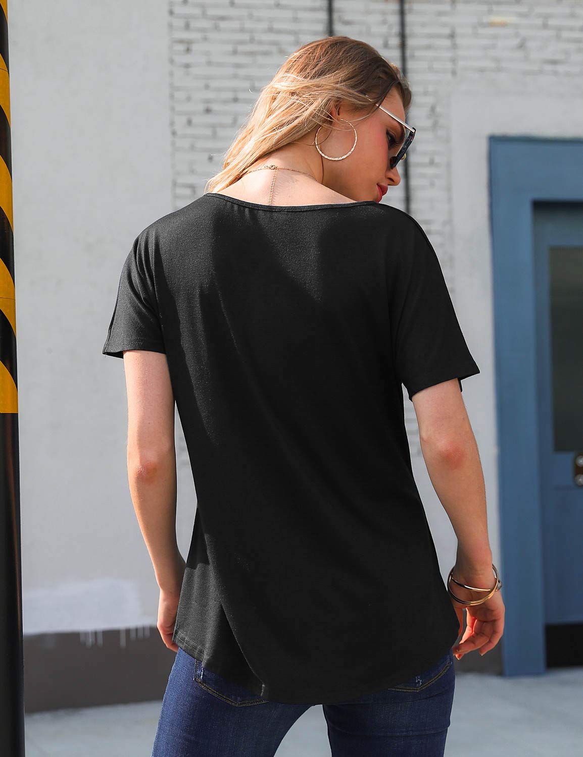 Blooming Jelly Womens Tie Front Shirt Short Sleeve T Shirts Color Block Pocket Casual Basic Tees Knit Tops(Medium, Black)