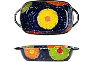 Bicuzat Vintage Style Pottery Bakeware Colorful Daisy Pattern Ceramic Casserole Dish Baking Pan Lasagna Pans Baking Dish with Handles from Oven to Table Plate-1 PCS, 22 OZ