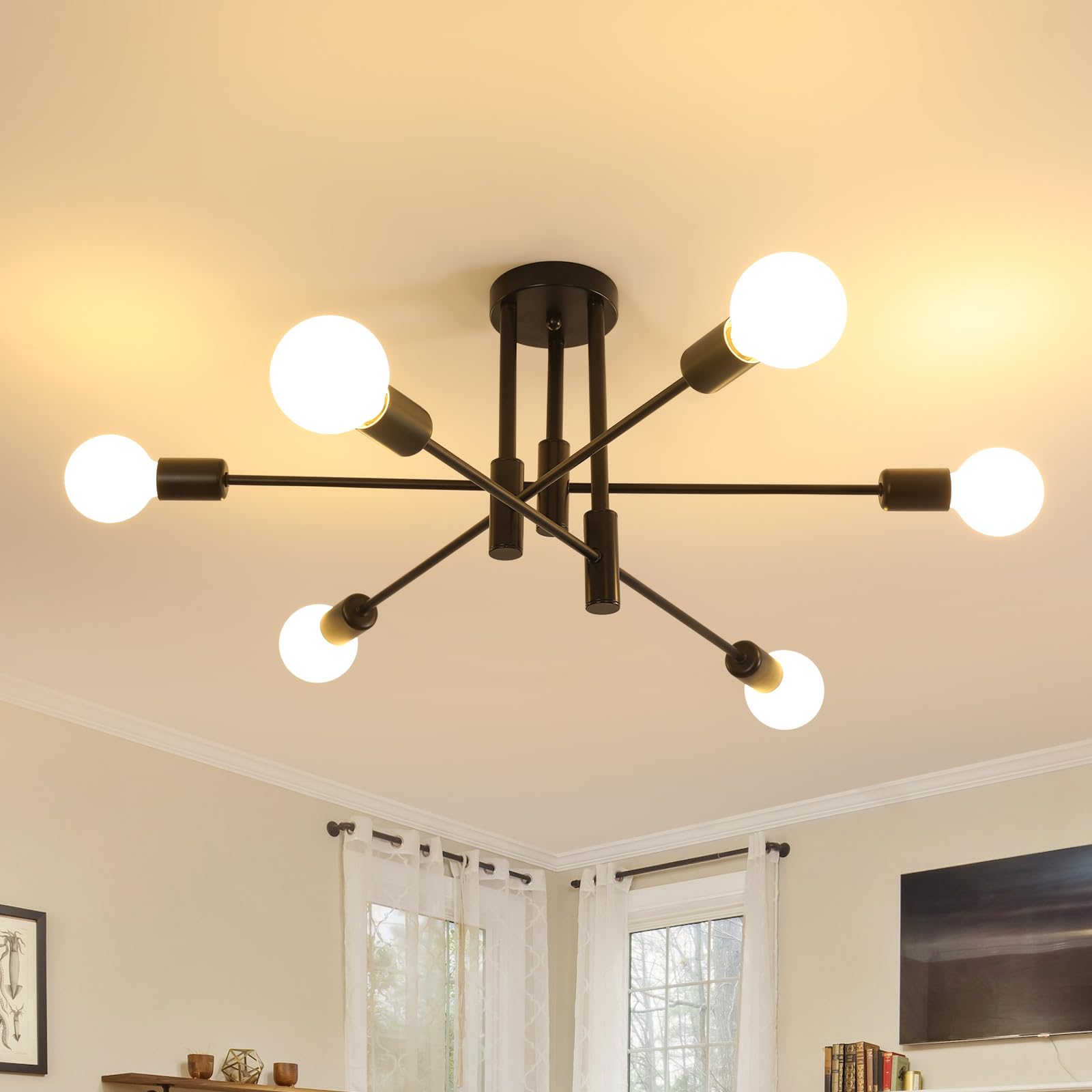 Comely Modern Sputnik Chandelier Ceiling Light, 6-Lights Semi Flush Mount Ceiling Lights with E27 Base, Black Adjustable Ceiling Lights for Living Room, Bedroom, Dining Room, Kitchen