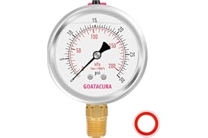 GOATACURA 0-30psi/kpa Glycerin Filled Pressure Gauge, 2-1/2" Dial Size, Stainless Steel Case, with Vent Valve, 1/4" NPT Lower
