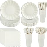 Newtay 350 Pcs Cream White Scalloped Paper Plates Shell Edge Disposable Tableware Cocktail Napkins Cups Plastic Spoons Forks Knives for Wedding Baby Shower Picnic Birthday Party Supply for 50 Guests