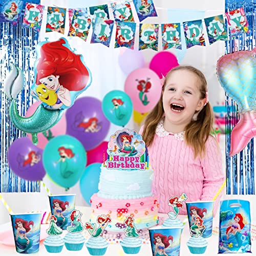 149 Pcs Little Mermaid Party Decorations for 10 Guests Include Banner,Cake Topper,Cupcake Topper,Latex Balloon,Tablecloth,Foil Balloon,Goody Bag, Nvitation Card,Dinner Dlate,Napkin,Tableware,Cup,Straw