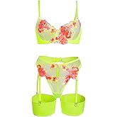 Lilosy Sexy Leaf Floral Embroidered Mesh Sheer Women Underwire Push Up Lingerie Set