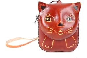 Xeerrfan Handmade Cute Waller for Women Kids, 3D Leather Coin Purse Keychain, Small Change Purse Bey Earphone Bag with Wrist Strap, Brown Cat