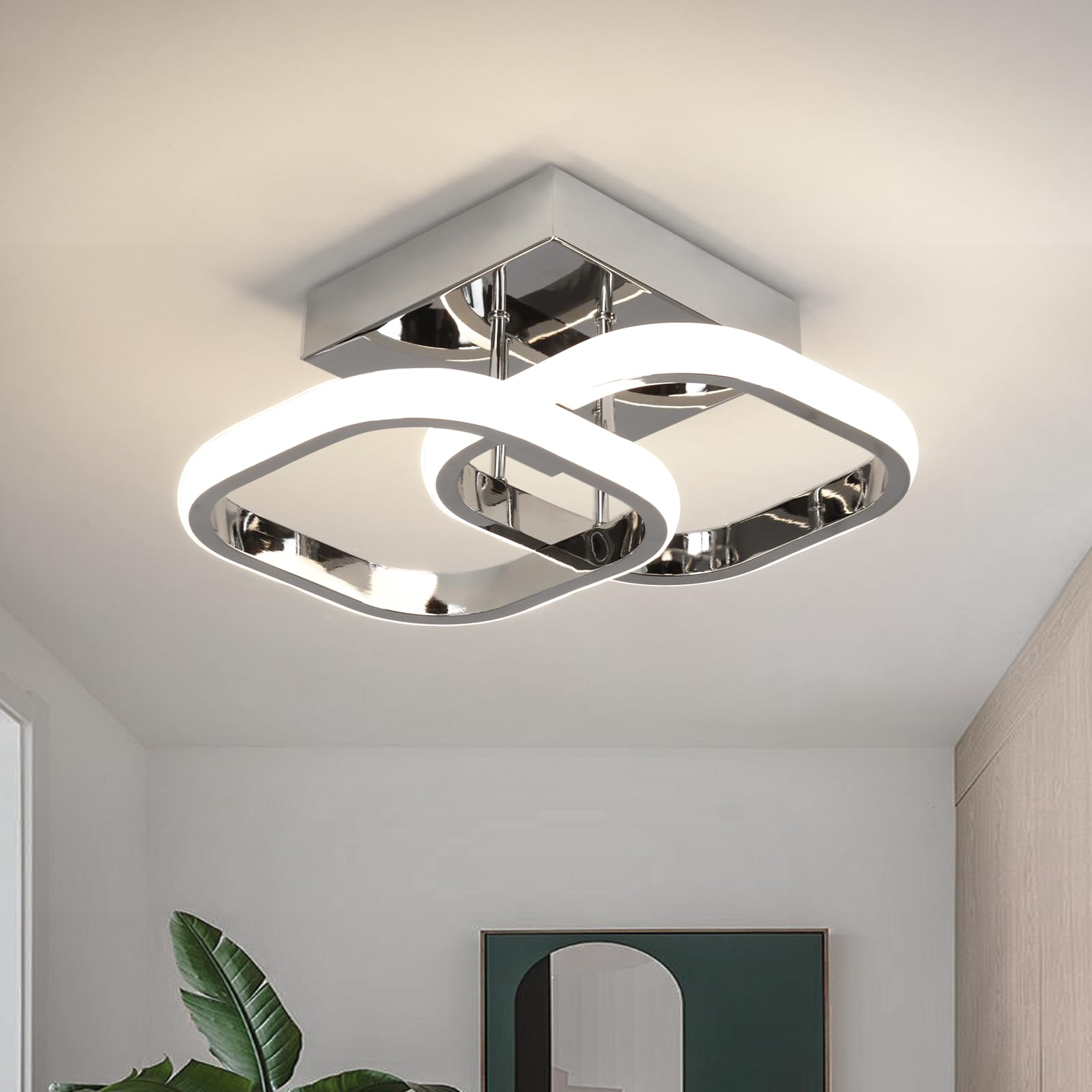 EIDISUNY LED Ceiling Light Modern 27cm Silver 2 Square Simple Ceiling Light Fixture LED for Corridor Kitchen Stairs Hallway Study Room Bedroom Living Room - Chrome 22W （Natural 4500K.