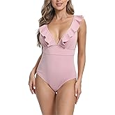 Women's Sexy Deep V Neck Vintage One Piece Swimsuits Back Lace-up Ruffle Bathing Suits Tummy Control Slimming Swimwear