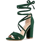 Allegra K Women Crisscross Front Block Heeled Lace Up Green Sandals 6.5 M US