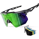 HAAYOT Polarized Cycling Glasses,Sports Sunglasses for Men Women,Baseball Biking Running Sunglasses 5 Lenses Transparent Gray Green