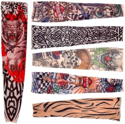 6 x Rock Fake Tattoo Arms / Legs Stockings Sleeves Stretch Temporary Funky Fancy Dress Costume Novelty Designs