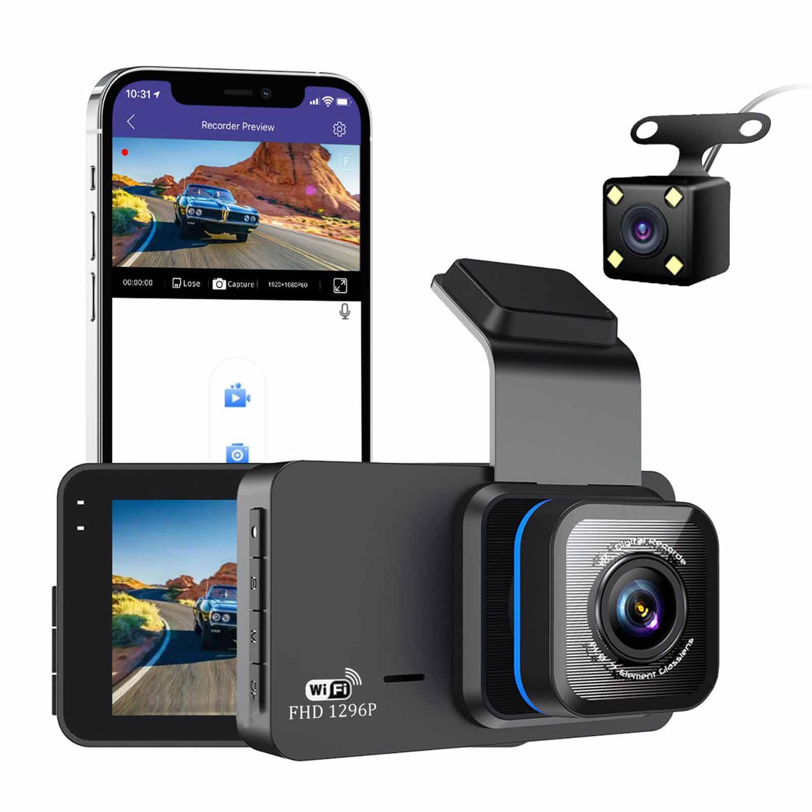 Dash Cam Front and Rear, 1080P FHD WiFi Dashboard Camera Car Driving Recorder with 3 Screen, IR Night Vision, 170° Wide Angle, Loop Recording, G Sensor, Motion Detection