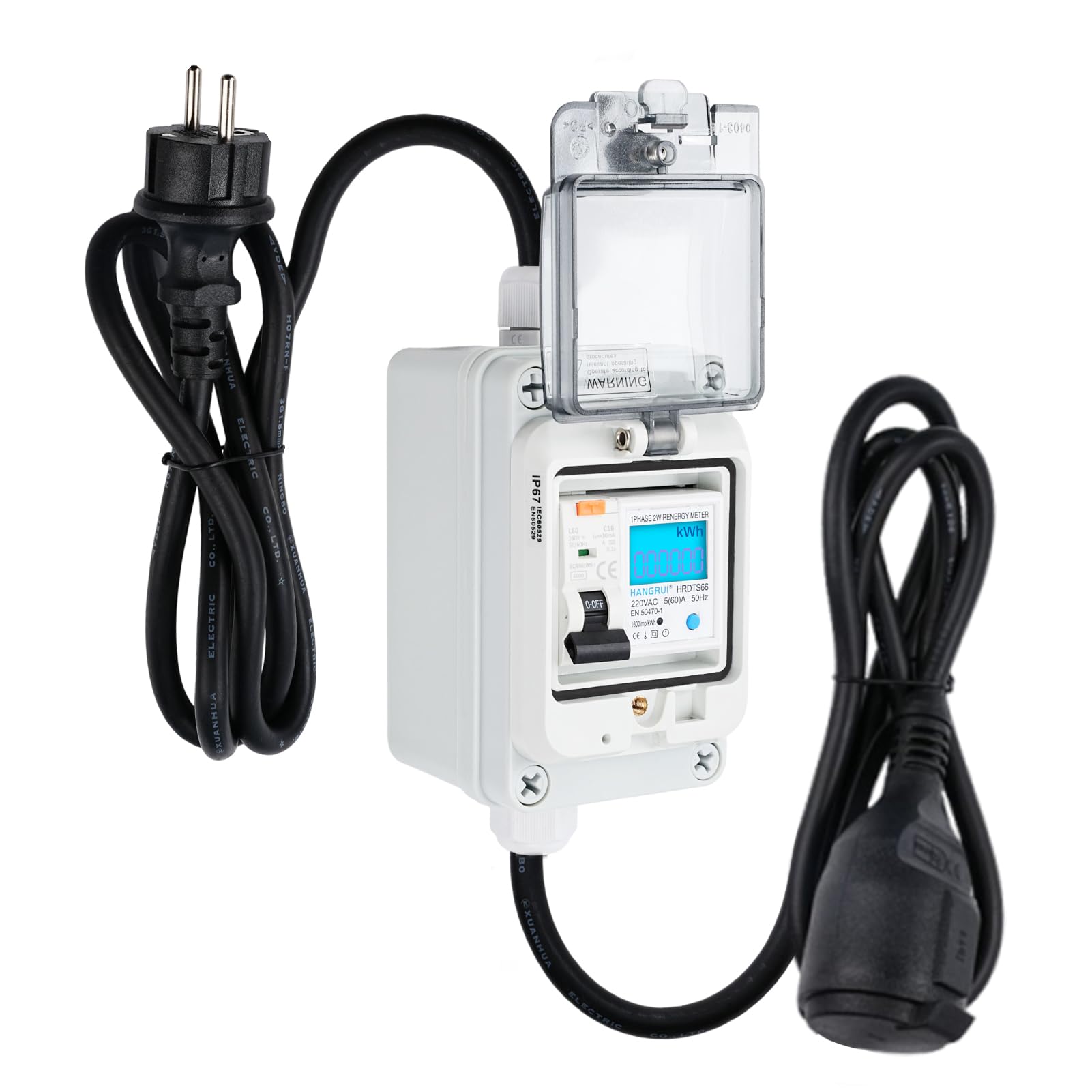 DewinLVD Mobiler Digitaler Stromzähler, Stromzähler für Steckdose Outdoor 16A Typ A Schutzschalter Eurostecker IP65 Wasserdich Messgerät 230V 60A für Industrieanlage Garten