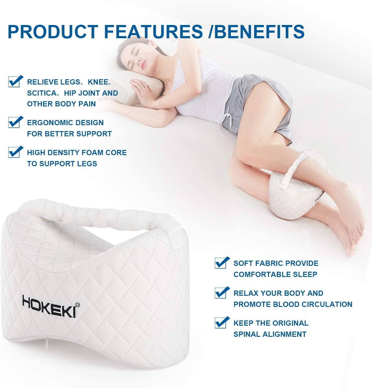 HOKEKI Knee Pillow for Side Sleeper-Pure Memory Foam Leg Pillow for Sciatica, Back ,Leg, Hip,Joint and Pregnancy with Adjustable Strap (White): Kitchen & Dining
