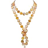 Firstmeet Flat Round Coin Shell Beads Long Knotted Necklace Natural Mother of Pearl Handmade Jewelry For Women