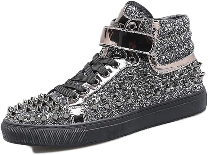 Amazon キラキラ リベット ハイカット スニーカー メンズ おしゃれ マジックテープ デッキシューズ カジュアル 小さいサイズ レースアップシューズ スタッズ ハイカットスニーカー 軽量 歩きやすい 秋 ショートブーツ メンズ靴 ドドシューズ ブーツ