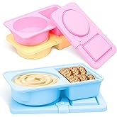 TULOBI 3 Pack Silicone Reusable Snack Containers with Lids, Cute Double Compartment Snackle Box Containersfor Dips Salad Condiment, Small Food Snack Case for Travel, School, Picnics