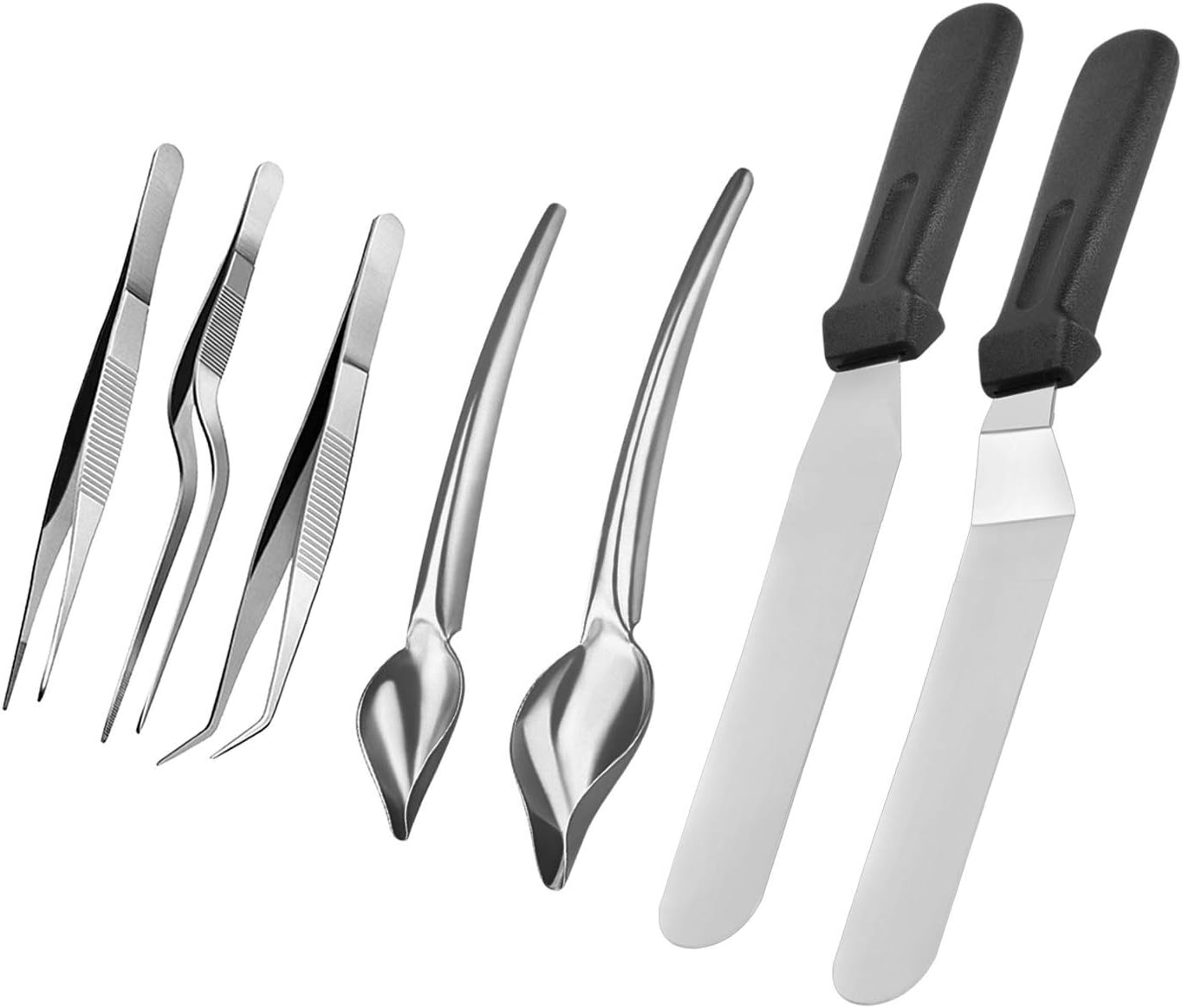 Gleepin 7 Pieces Culinary Cooking Tweezers Tongs with Precision Serrated Tips, Culinary Drawing Decorating Pencil Spoon and Offset Spatula Set for Cake Plating Kit, Stainless Steel