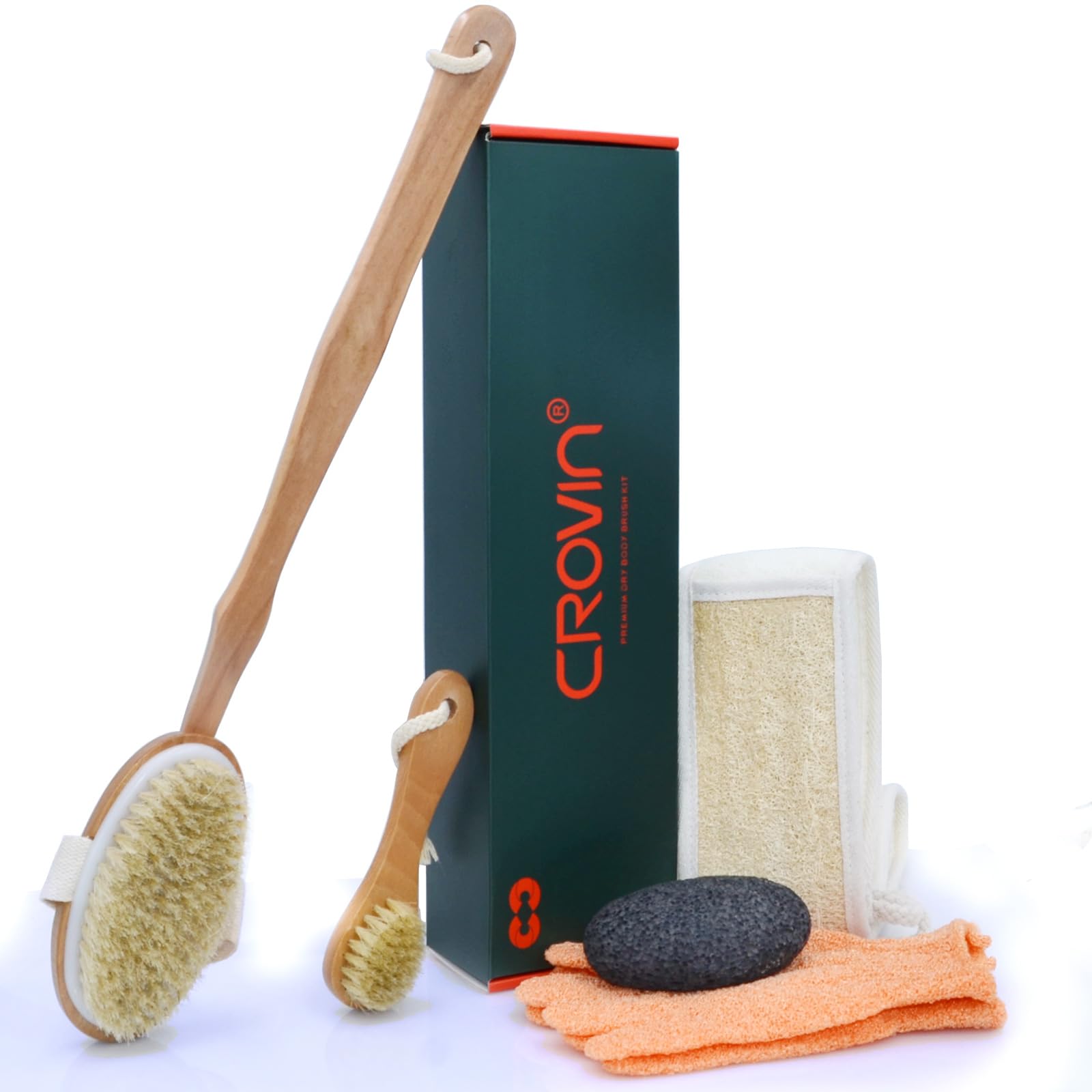 Dry Brushing Body Brush - Natural Boar Bristle Dry Brush Set for Body and Face Brushing - Ski Brushing - Loofah Back Scrubber - Bath and Shower Gloves - Pumice Stone Foot Scrub - Men and Women