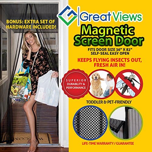 Magnetic Screen Door by Great Views Full Frame Velcro Reinforced Heavy Duty Mesh Curtain COMPLETE with EXTRA Set of Hardware for Multiple Uses! Fits Door up to 36" x 82" MAX, Black