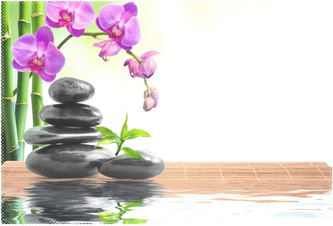 Ameublement Et Decoration Multicolore Vinlin Fleur Orchidee Japonais Zen Stone En Bambou Resistant A La Chaleur De Cuisine Sets De Table 30 5 X 45 7 Cm Table De Salle A Manger Set De