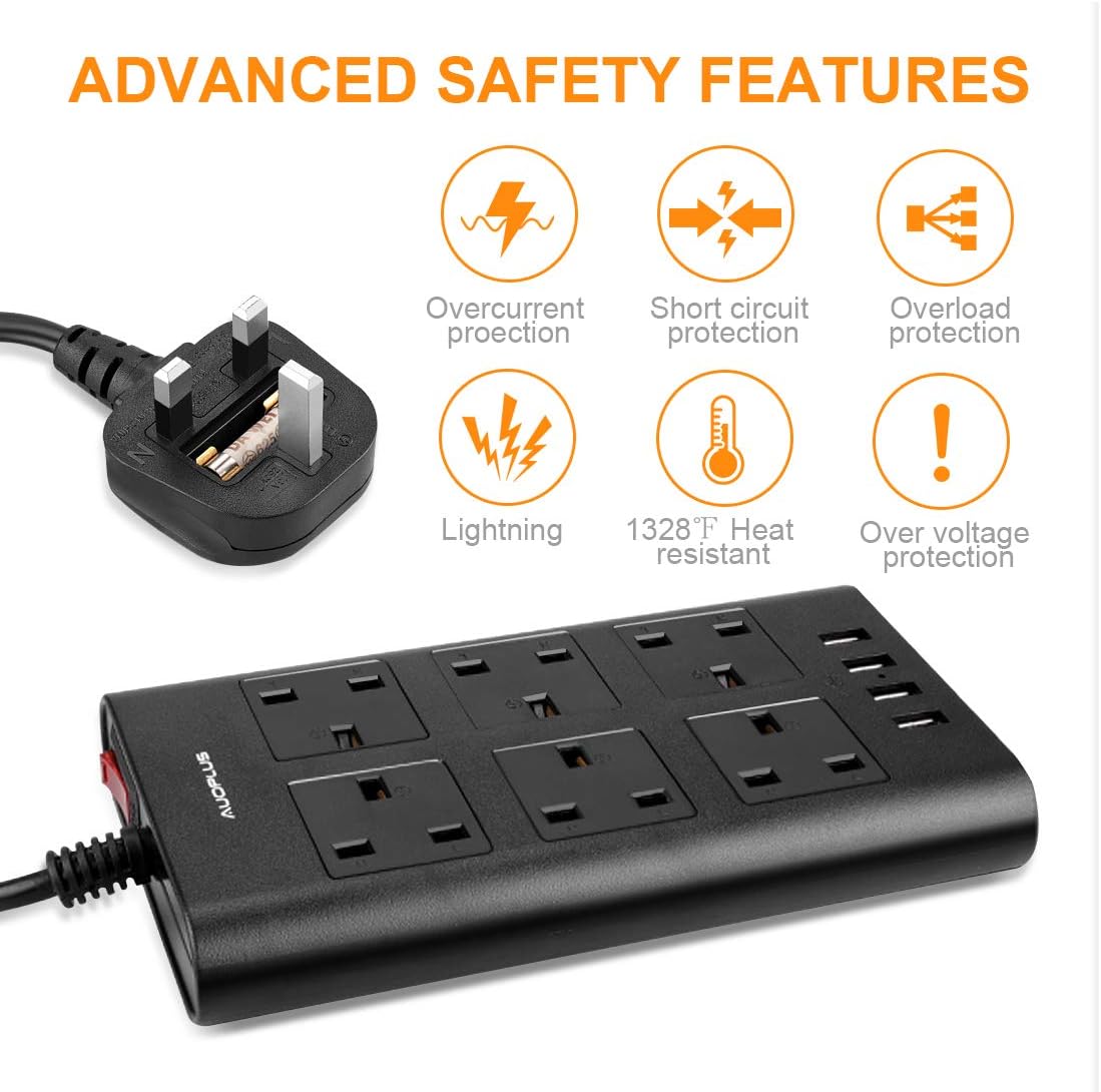 6 Way Extension Lead 5M, AUOPLUS Multi Plug Extension Lead with USB Solts, Overload Protection Power Strip - Image 4
