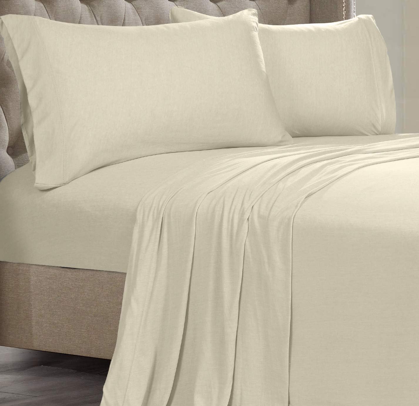 Posh Home Jersey Knit Ultra Soft Lightweight Cotton T-Shirt Comfortable Breathable Cooling Cozy Unisex All-Season Bed Sheet Set Easy Care (Twin, Almond)