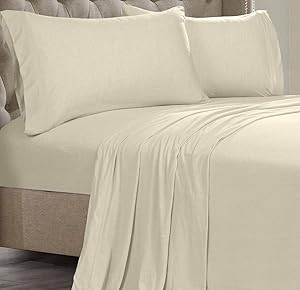 Posh Home Jersey Knit Ultra Soft Lightweight Cotton T-Shirt Comfortable Breathable Cooling Cozy Unisex All-Season Bed Sheet Set Easy Care (Twin, Almond)