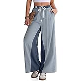 TARSE Women’s Linen Wide Leg Pants Striped Drawstring Elastic Waist Loose Fit Summer Boho Casual Trendy Pants with Pockets