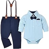 DOMOABEI Baby Boy Clothes Gentleman Outfits Infant Bodysuit Long Sleeve Shirt with Bowtie Suspender Pants Suits Set 0-18M