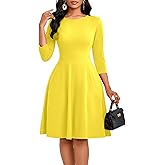 KnoInt Women's Casual Long Sleeve Midi Dress Elegant A Line Empire Waist Crew Neck Flowy Swing Dress