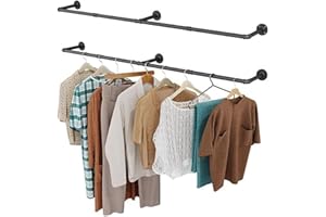 OROPY Clothes Rack, 65.7" Industrial Pipe Clothing Rack 2 Pack for Clothes, Wall Mounted Heavy Duty Space Saving Garment Rack for Closet Storage, Black, 3 Base
