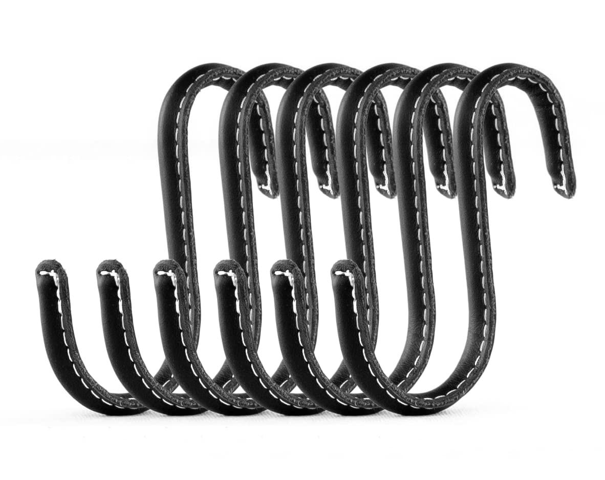 Brute Strength - S Shaped Hooks Wrapped in Full Grain Leather - 6 pcs - Black - 10 cm Stainless Steel Metal Hangers Hanging Hooks for Kitchen, Work Shop, Bathroom