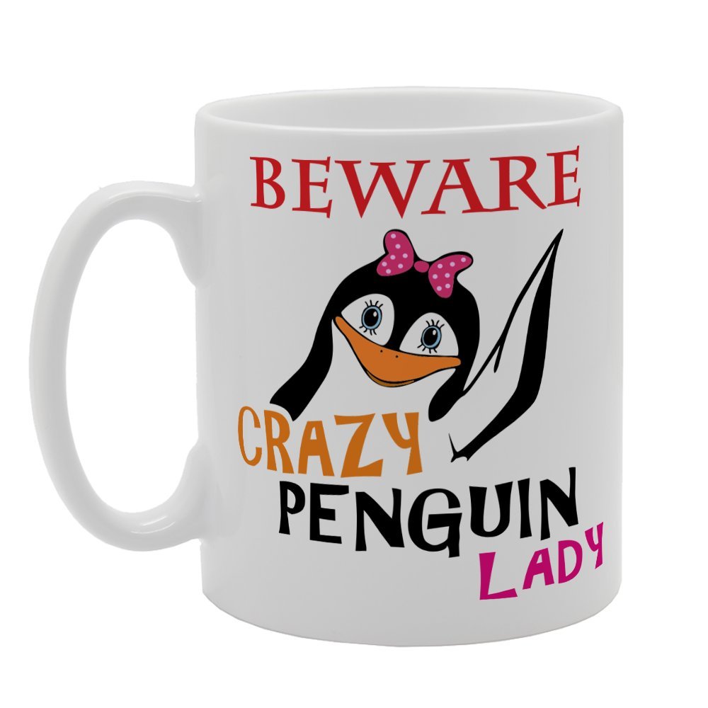 MG1050 Beware Crazy Penguins Lady Novelty Gift Printed Tea Coffee Ceramic Mug